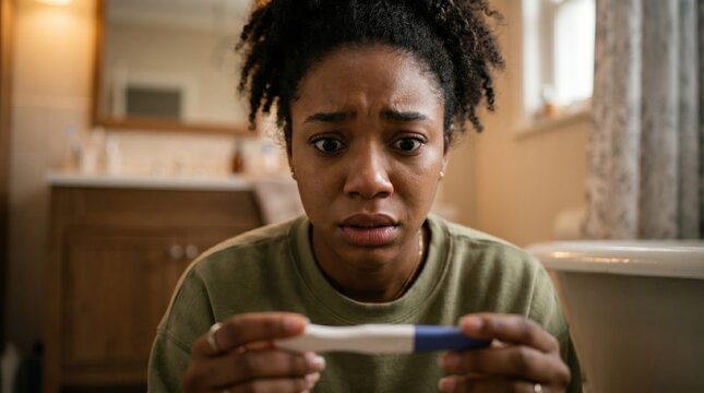 Anxious young Black woman holding a pregnancy test in a warm-toned bathroom, displaying a shocked and worried expression under soft lighting; perfect for health and wellness campaigns.