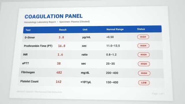 Detailed animated coagulation panel report template: interactive D-dimer and INR test results with elevated clotting values flagged