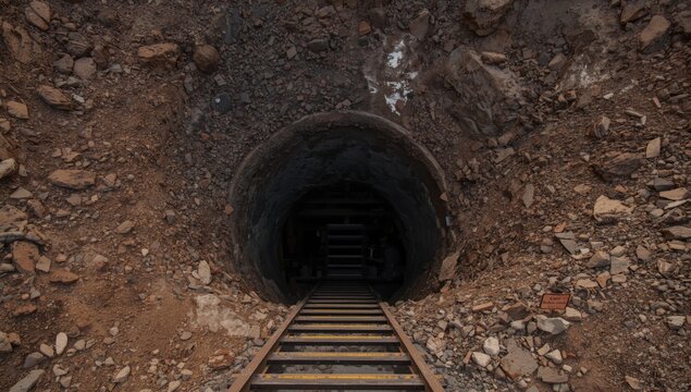 Rustic descending ladder leading into underground mine shaft surrounded by desert soil and no trespassing signs copy space