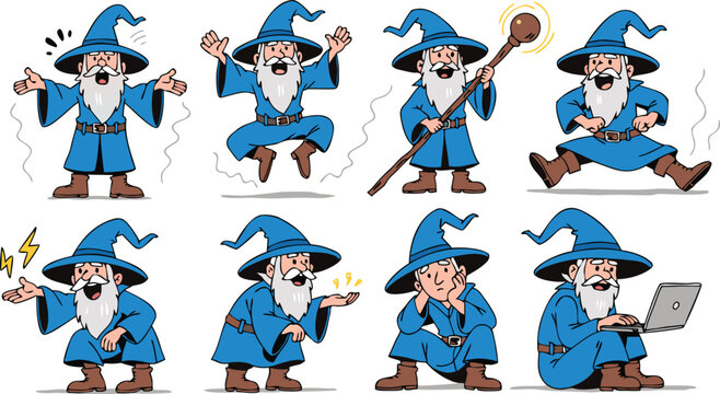 Fantasy wizard character expression set. Vector illustration of a magical sorcerer in blue robes and hat, showing various emotions, casting spells, holding a staff, and using a laptop, white backgroun