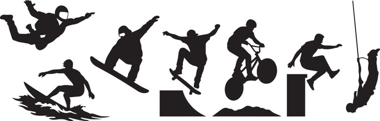 Naklejka premium Extreme sports icons, action silhouettes, athletic vector graphics, black sport illustrations