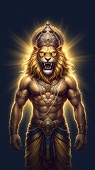 Fototapeta premium Narasimha avatar of Vishnu roaring with golden aura
