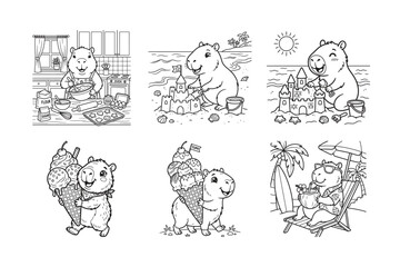 Obraz premium Cute Bear Characters Enjoying Various Activities in Summertime and Indulging in Ice Cream and Building Sandcastles