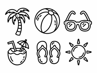 Fototapeta premium Summer vacation icons set including palm tree beach ball sunglasses coconut drink flip flops and sun simple line art for travel and leisure concepts