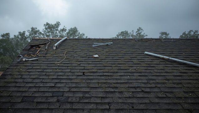 Rooftop damage from strong wind showing missing shingles and repair priorities