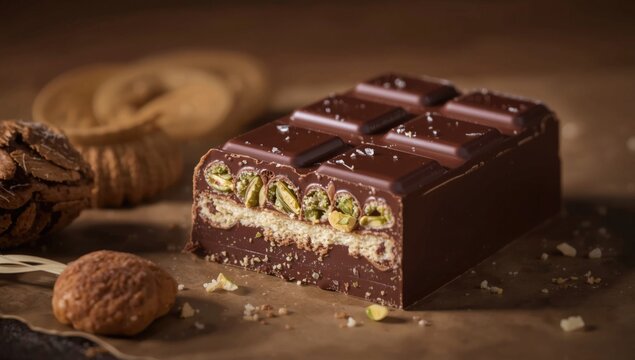 Chocolate bar with pistachios on rustic background