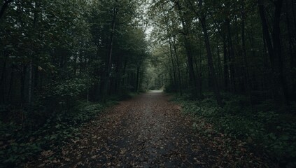 Fototapeta premium Path through a forest with fallen leaves and trees