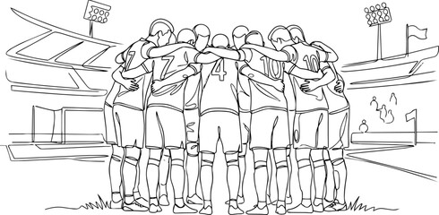 Obraz premium Continuous line drawing of football team huddle in stadium during competitive match for teamwork spirit.