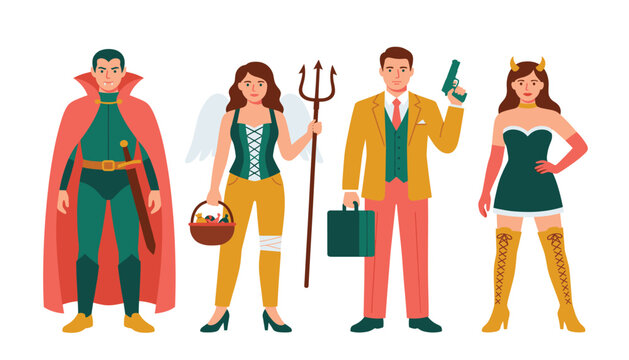 People wearing Halloween party costumes and cosplay outfits flat character vector set. Vampire cape, angel wings, trident, spy suit, briefcase, devil horns and boots.