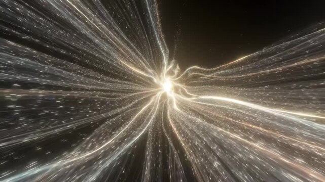 Radiant cosmic light trails forming an abstract burst in dynamic style on a dark background, concept of energy expansion