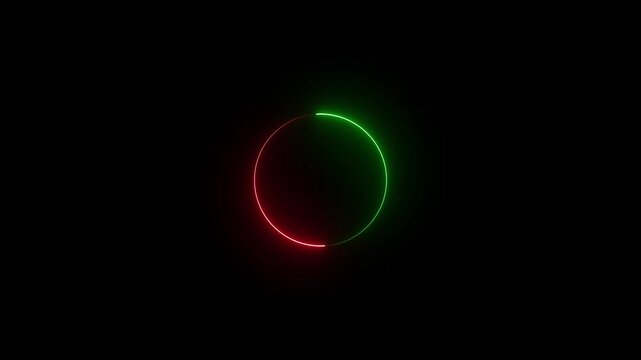 Neon light moving colored circle round.Abstract seamless background red and green spectrum looped animation fluorescent ultraviolet light glowing neon line on the black round.