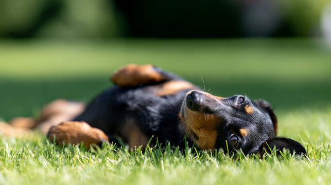 Relaxed Dachshund Lying Belly Up on a Sunny Grassy Field