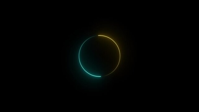Neon light moving colored circle round.Abstract seamless background bright and yellow spectrum looped animation fluorescent ultraviolet light glowing neon line on the black round.