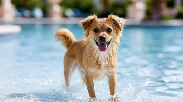 Joyful Mixed Breed Dog Standing in Luxury Pet Resort Pool