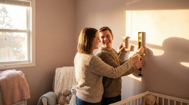 Happy expectant couple designing and decorating a cozy baby nursery, using a level to hang wooden letters on the wall under warm golden sunset light; perfect for parenting and lifestyle concepts.