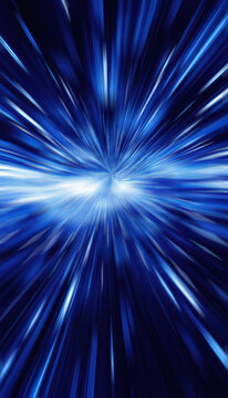 Blue abstract speed light trails radiating from a bright energy center with motion blur, glowing streaks, grain, futuristic technology atmosphere. For banners, presentations and digital background.
