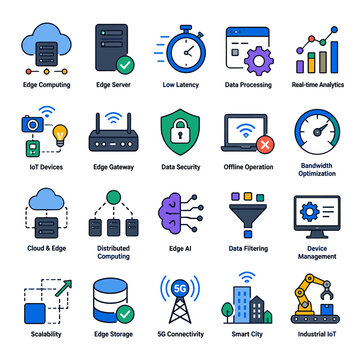 Collection of edge computing and industrial automation icons for technology and business presentations