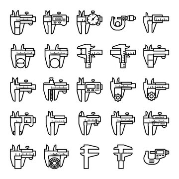 Collection of various calipers and measuring tools icons in line art style