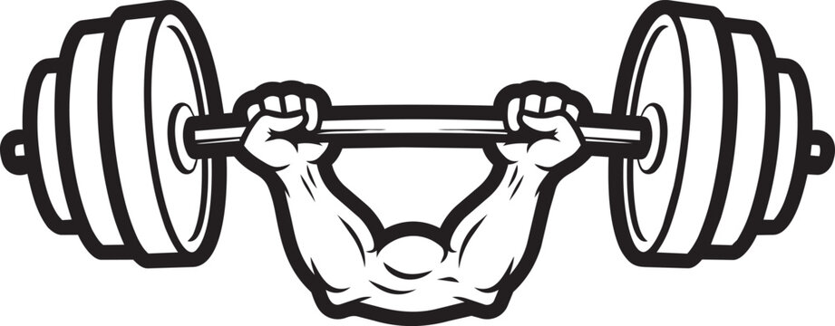 Strong muscular arms lifting heavy barbell vector, gym fitness bodybuilding logo icon, black and white weightlifting powerlifting illustration