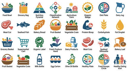 Fototapeta premium Nutrition and healthy food icons set for grocery and diet planning.