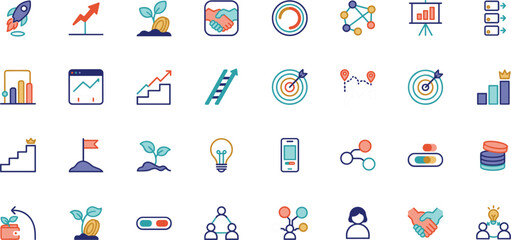 Naklejka premium Business Growth Strategy and Company Development Flat Line Icon Set for Career Goals Financial Analytics Rocket Startup and Innovation Vector Designs