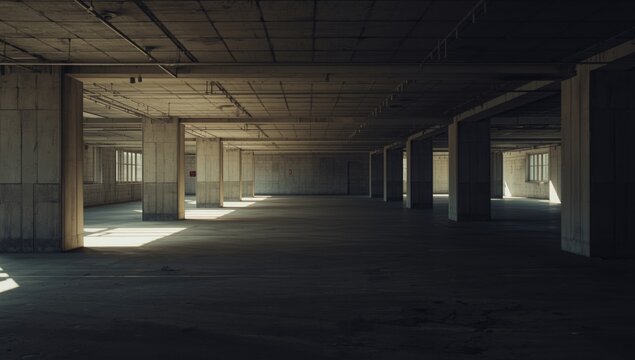 Sunlit gritty concrete interior with generous copy space for text