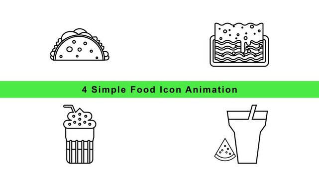 Food Icon Animation Set - Taco Cake Milkshake Juice Box Outline Motion Graphics Loop