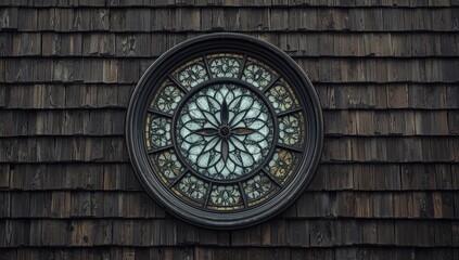 Obraz premium Stained glass window on wooden shingle wall