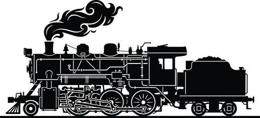 Detailed black graphic silhouette of a classic vintage steam locomotive train with billowing smoke and a coal tender, perfectly isolated on a white background. © MdRuhan