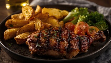 Fototapeta premium Succulent grilled chicken accompanied by crispy potato wedges and fresh vegetables