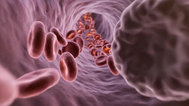 Blood cells flowing through artery with cinematic motion and selective focus