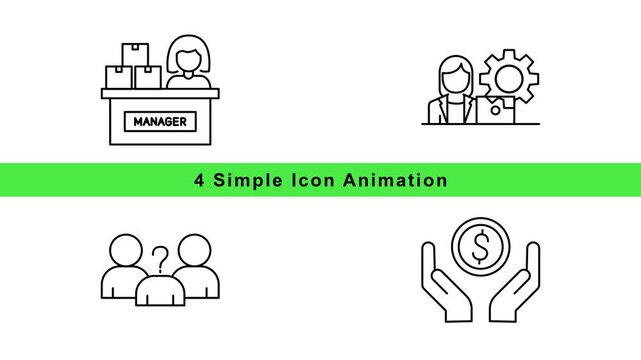 Business Icon Animation Set - Manager, Team, Gear, Money - Outline Motion Graphics Loop