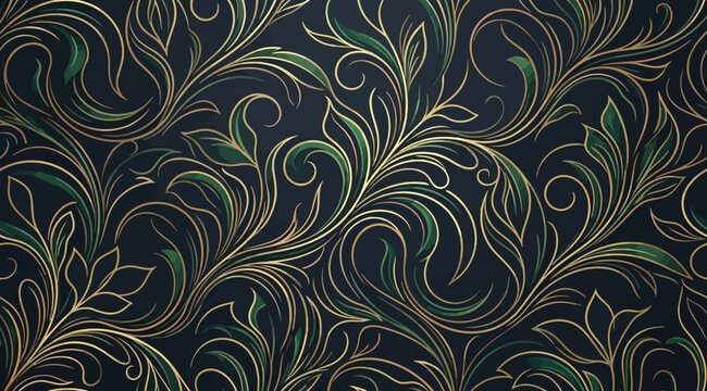 Seamless pattern with elegant golden and green floral swirls on dark blue background