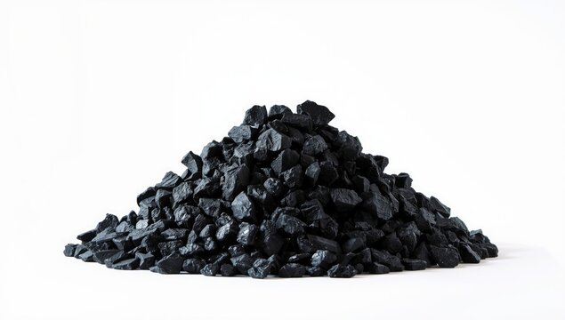 Pile of black coal chips on a white background