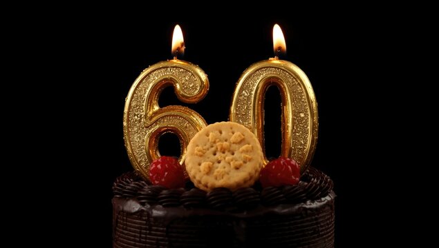 Number sixty golden candle chocolate cake with cookies and berry decoration on black background featuring copy space