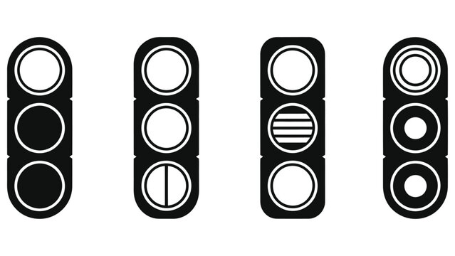 Minimalist Railway Signal Light Icons Set. Black and White Vector Illustration of Train Traffic Lights, Semaphores, and Railroad Warning Signals.