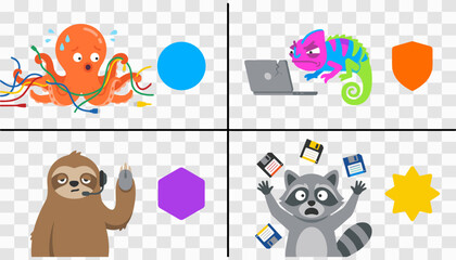 Funny cartoon animal mascots representing IT support and tech struggles including octopus chameleon sloth and raccoon with blank shapes © MDHABIBUL