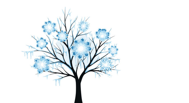 Winter scene featuring a bare tree with blue ice flowers and hanging icicles on branches isolated on a white background.