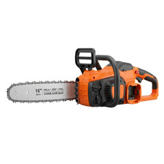 Fototapeta premium Orange and Black 16-Inch Cordless Battery Powered Chainsaw with Guide Bar, Isolated on White Background