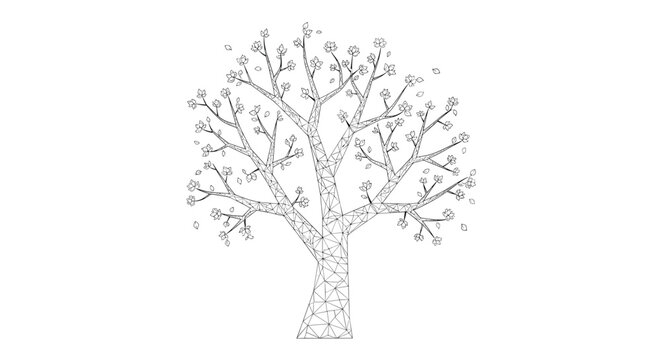 Modern abstract tree design made of geometric wireframe lines and triangles with small blossoms isolated on a white background.