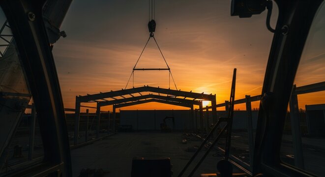 Construction Site Steel Frame Erection Building Structure At Sunset