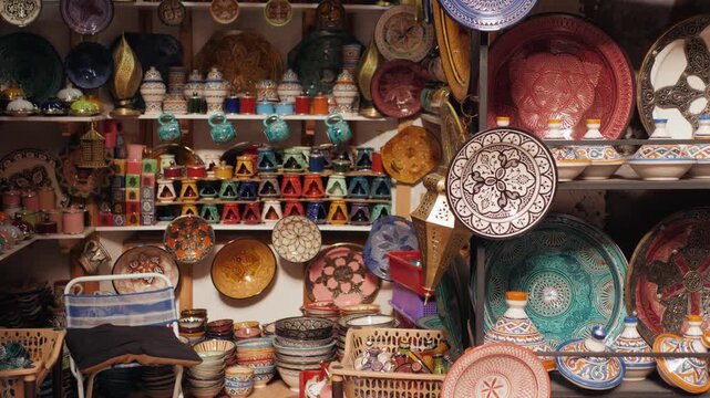 ceramic pottery souvenir bazar shop in the medina of morocco