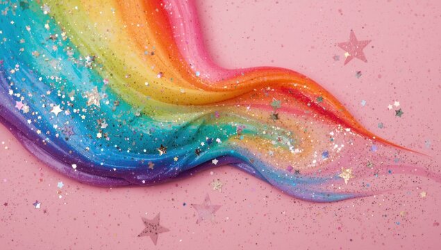 Colorful rainbow swirl with glitter on pink background