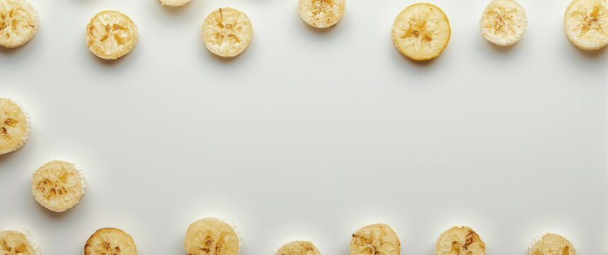 Dried banana slices arranged on a white background