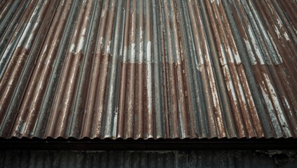 Obraz premium Rusty corrugated metal roof with peeling paint and wear