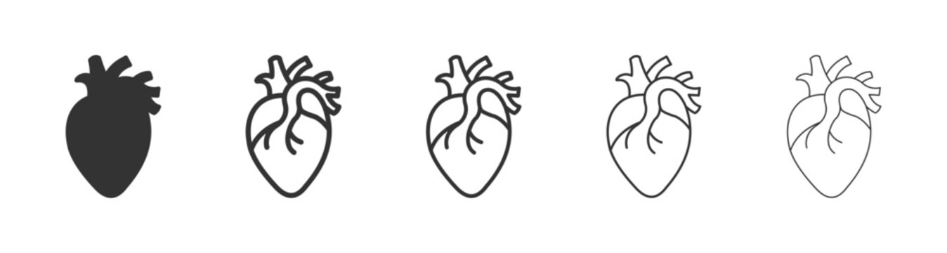 Human anatomical heart icon collection featuring multiple outline thicknesses and solid fill version, healthcare vector illustration