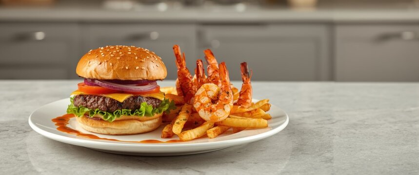 Premium beef burger served with spicy prawns and oven-baked potato fries