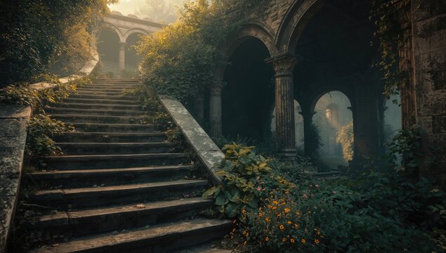 stone staircases and ancient pillars partially reclaimed by flourishing natural plants