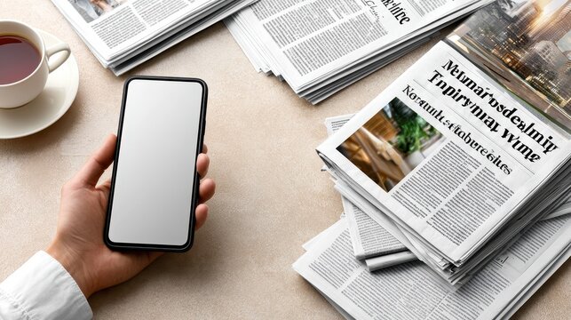 Newspapers and a smartphone rest on a light table next to a white cup of black coffee