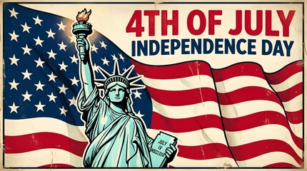 Naklejka premium 4th of July Independence Day Celebration with American Flag and Statue of Liberty